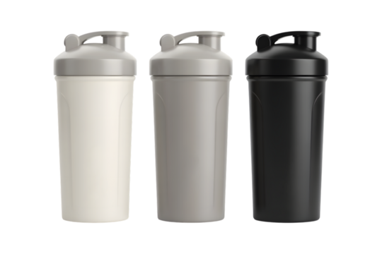 Three shaker bottles in white gray and black isolated on transparent background - Powered by Adobe