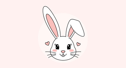 Sweet and simple portrait of a cute white bunny rabbit face with big eyes and hearts on a soft pink background.