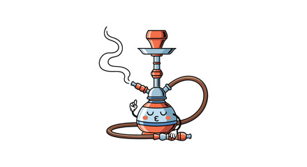 Funny hookah mascot character with a relaxed expression gesturing while exhaling a plume of white smoke in a cartoon style.