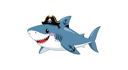 Playful and cute cartoon shark wearing a pirate hat with a skull and crossbones and anchor tattoos on its side.