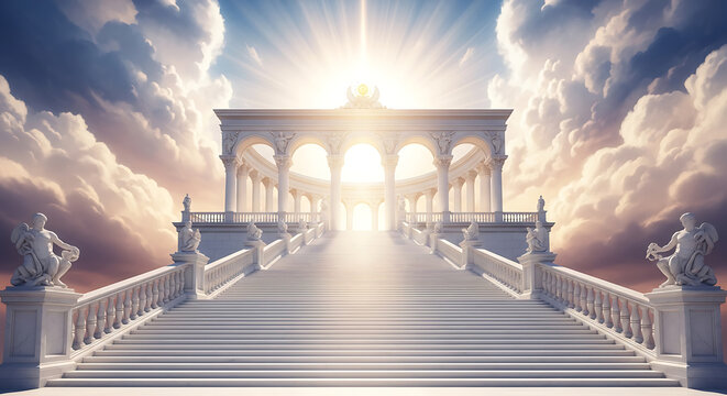 Majestic classical architecture with grand staircase and statues leading to a bright archway in the sky