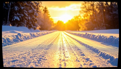 A snow-covered road stretches towards a bright sunset, with tire tracks visible in the snow and trees lining the sides.