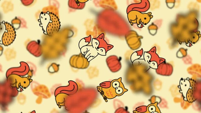Charming looped motion animation featuring a dynamic seamless pattern of cute autumn forest animals like foxes and squirrels