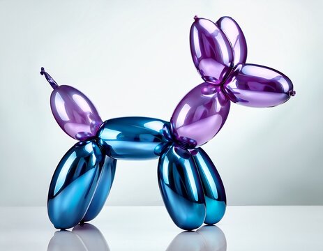 Strikingly modern chrome balloon dog sculpture in vibrant blue and purple hues, a playful yet sophisticated art piece for contemporary spaces and design projects.