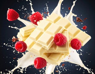 Creamy white chocolate pieces are stacked together while fresh raspberries and milk splash around them against a dark blue background in an appetizing dessert shot.