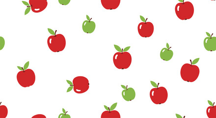Fresh and simple seamless pattern of scattered red and green apples with leaves on a clean white background for textiles.