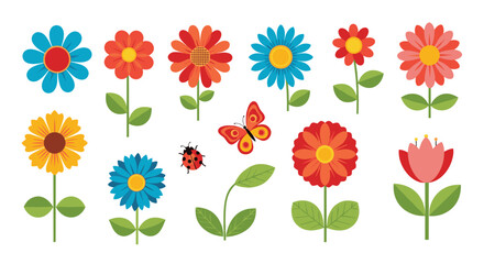 Bright and colorful collection of simple flat design flowers with a cute butterfly and ladybug for children's decorations. © Power Clipart