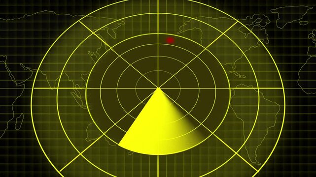 Yellow Radar Screen with World Map and Target Blips on Dark Grid display sonar animated. Glowing yellow radar screen featuring world map overlay, target blips, animated sonar interface, and grid