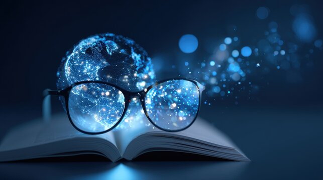 Digital globe through glasses on open book, data concept