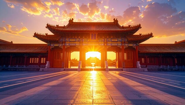 The sun sets behind a grand, ornate entrance of a traditional Chinese palace, casting long shadows across the courtyard.