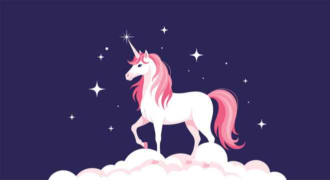 Beautiful white unicorn with a pink mane and tail standing majestically on fluffy clouds under a magical starry night sky.