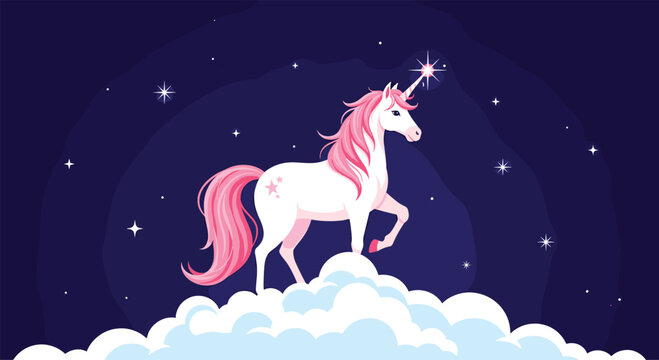 Graceful white unicorn with a flowing pink mane and tail standing on a bed of clouds against a dark blue cosmic sky full of stars.