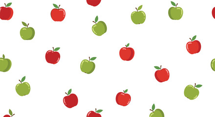 Simple and clean seamless pattern of randomly scattered red and green apples with leaves on a bright white background.