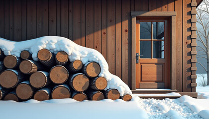 Woodpile next to wooden door of log cabin in winter setting with snow