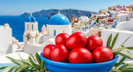 Fresh red tomatoes in a vibrant blue bowl with the iconic white and blue architecture of santorini, greece, in the background