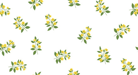 Simple and delicate seamless pattern with small sprigs of yellow flowers and green leaves scattered on a white background.