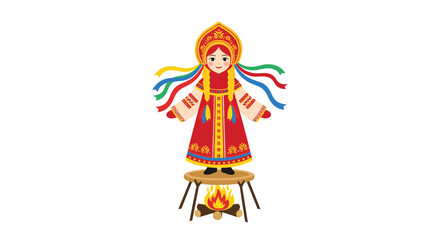 Traditional Russian Maslenitsa doll effigy in folk costume with colorful ribbons standing over a bonfire for the holiday.
