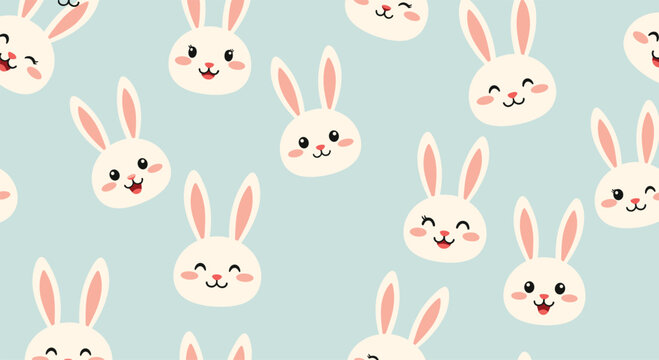 Cute seamless pattern of adorable white bunny rabbit faces with different happy expressions on a light blue background.