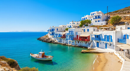 Fototapeta premium Picturesque view of mykonos island coastline with traditional white houses and a small boat in the turquoise sea