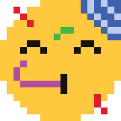 Pixelated Yellow Face with Closed Eyes and Purple Tongue Sticking Out Transparent Background Simple Retro Digital Art