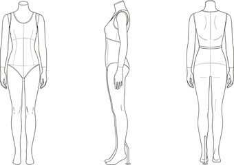 Female mannequin croquis template, front side back view, body outline sketch, vector illustration, technical dress form for design.