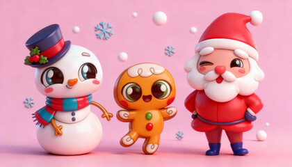 Cute christmas characters santa claus snowman and gingerbread man on pink background