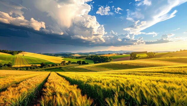 A vast, rolling landscape of golden wheat fields and green pastures under a dramatic sky with sunlit hills and dark storm clouds.