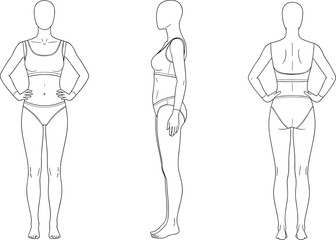 Female fashion croquis template, front side back view, body outline sketch, vector illustration, technical drawing base for lingerie design.