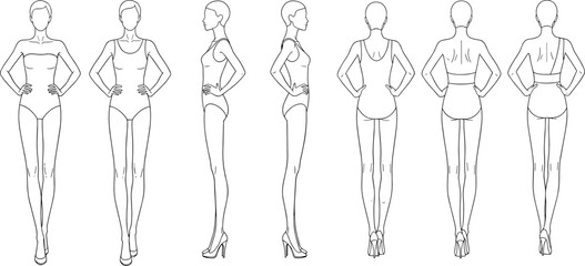 Female fashion figure template, front side back view, body outline sketch, vector illustration, croquis for technical clothing design.