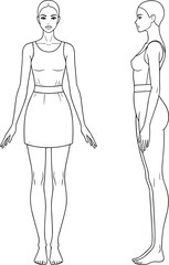 Female fashion model template, front and side view, standing woman sketch, vector outline, isolated croquis for technical design.