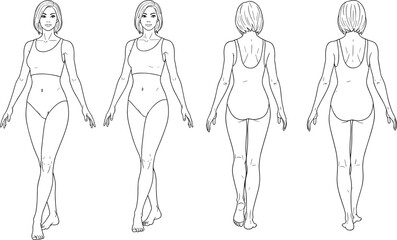 Female model walking pose, fashion croquis template, front and back view, body outline sketch, vector illustration for swimwear design.