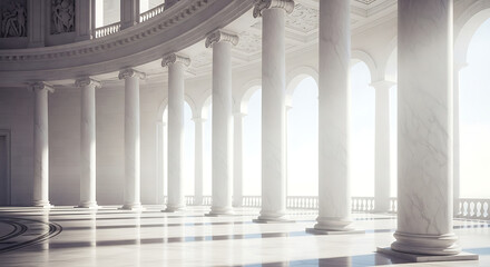 Grand hall with elegant white marble columns and arches, illuminated by bright sunlight creating dramatic shadows