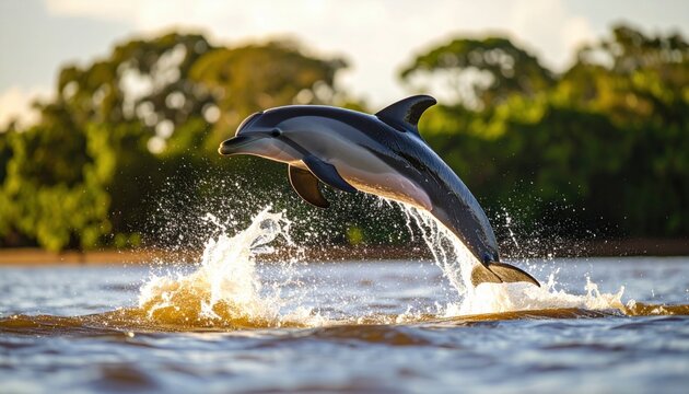 A playful dolphin leaps high from the water creating a splash against a backdrop of green trees on a bright sunny day exhibiting its agility and beauty.