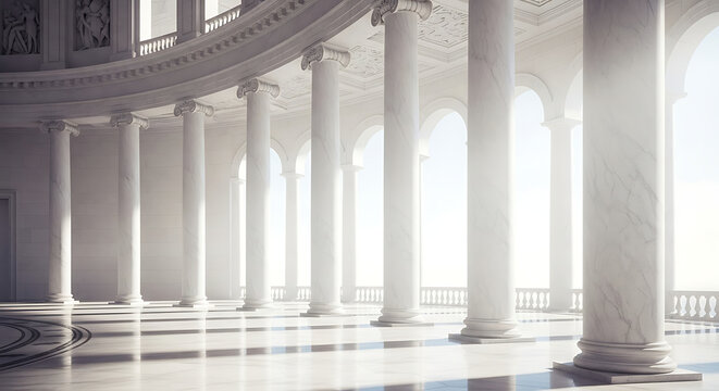 Grand hall with elegant white marble columns and arches, illuminated by bright sunlight creating dramatic shadows