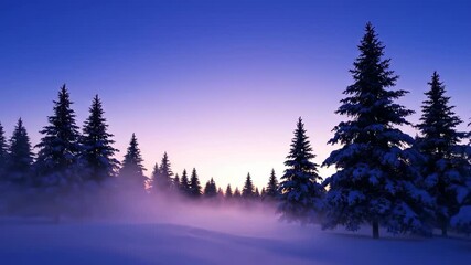 Winter forest with snow and pink dawn sky - Powered by Adobe