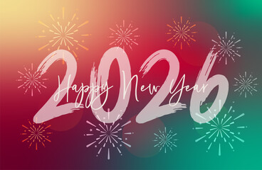Happy new year 2026 poster with fireworks and colorful gradient background. Vector banner template. Greeting card.