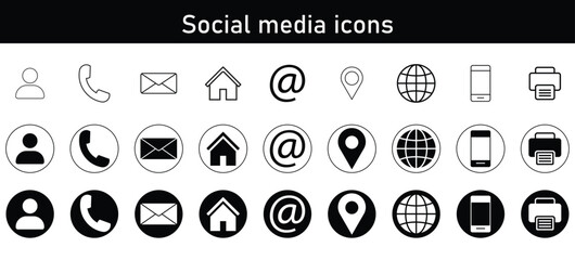 Minimal social media and communication icon set – email, phone, user, home, at-sign, location, globe, mobile, printer symbols