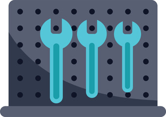 Three wrenches hanging on a pegboard, illustrating organization and efficient tool storage in a workshop or garage