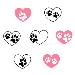Animal love symbol paw print with heart. Heart and pet paw print dog cat icon set. Vector illustration