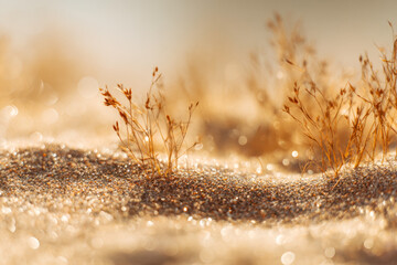 Golden dry grass sprouting from sunlit sandy ground creating a warm, peaceful natural scene filled with sparkling light reflections and soft focus effect