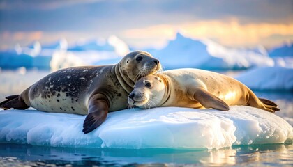 Obraz premium Two seals resting peacefully on a pristine ice floe, enjoying the arctic sun and each other's company amidst the breathtaking scenery of icy glaciers afar.