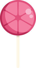 Sweet circular pink lollipop with segments, creating a star or flower shape, mounted on a simple white stick