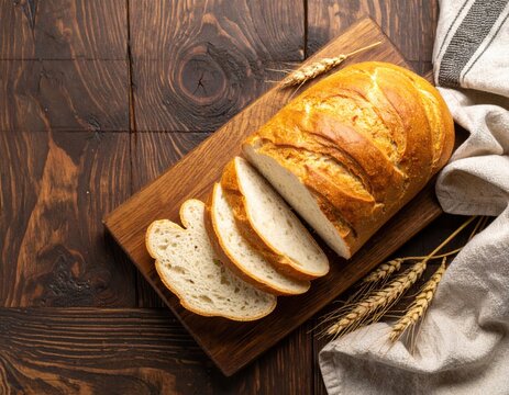 Freshly baked loaf of sliced white bread is presented on a wooden cutting board beside golden wheat stalks and a patterned towel on dark wood surface table. - Powered by Adobe