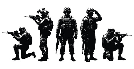 Silhouette of a special operations military unit in various tactical positions isolated on white background, showcasing combat readiness and teamwork