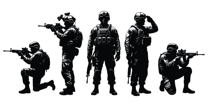 Silhouette of a special operations military unit in various tactical positions isolated on white background, showcasing combat readiness and teamwork