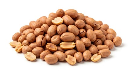 A close-up shot of a pile of raw, shelled peanuts with some split open, isolated on a white background.