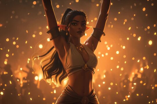 Ilustraci&oacute;n de una mujer guerrera bailando entre luces doradas, con los brazos en alto y ambiente &eacute;pico lleno de chispas y brillo c&aacute;lido.