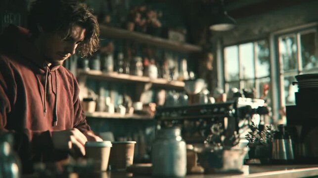 Barista preparando café en una cafetería acogedora, concentrado mientras sirve bebidas calientes entre tarros, tazas y una luz cálida que entra por la ventana, creando un ambiente íntimo y artesanal.