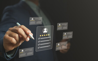 Business rating review concept showing a businessman using digital stylus select virtual profile cards with star ratings and checklists, highlighting evaluation, feedback, and performance assessment.