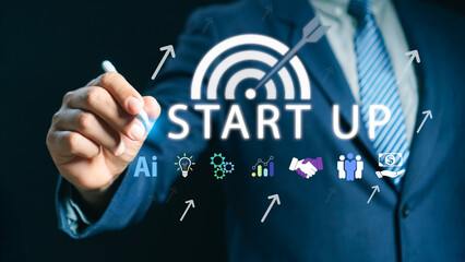 Business startup concept with a businessman marking growth strategy, AI innovation icons, and forward arrows representing technology, teamwork, planning, and successful business development.